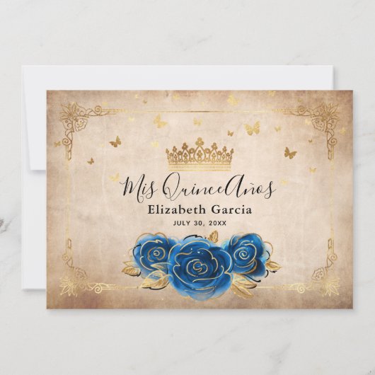 ロイヤルブルーとゴールドのキンセアニエラ フォト バースデー サンキューカード (裏面)