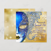 ロイヤルブルーとゴールドのスイート16マスカレードパーティー 招待状 (正面/裏面)