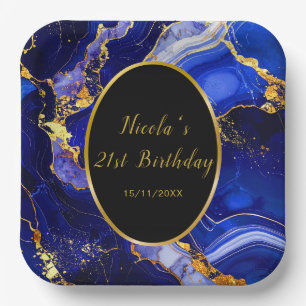 ロイヤルブルーとゴールドのマーブルアゲートの誕生日パーティー ペーパープレート