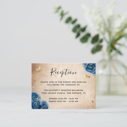 ロイヤルブルーとゴールドのローズ エレガントなディテール エンクロージャーカード (スタンド正面)