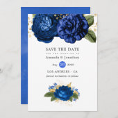 ロイヤルブルーとゴールドのヴィンテージ フラワー ウェディング セーブザデート (正面/裏面)