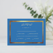 ロイヤルブルーとゴールドの伝統的な結婚式RSVP 出欠カード (スタンド正面)
