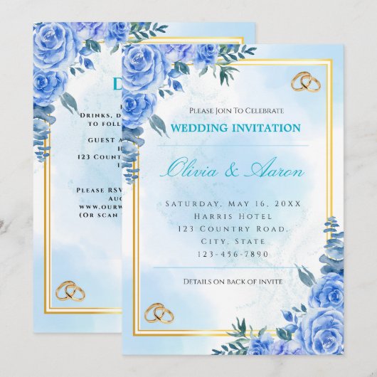 ロイヤルブルーとゴールドの結婚式招待状 招待状 (正面/裏面)