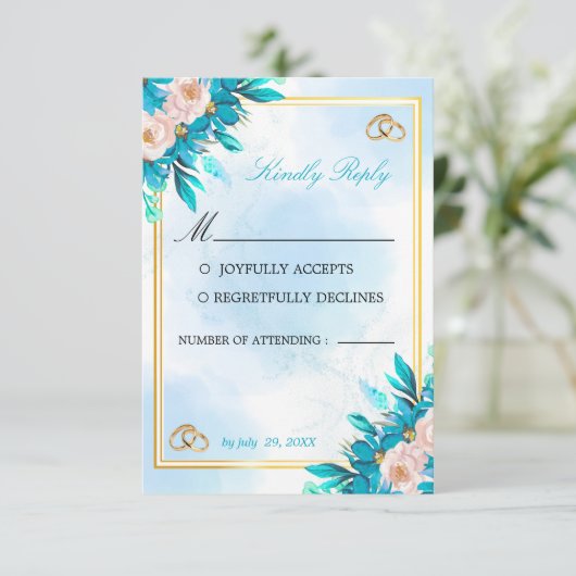 ロイヤルブルーとゴールドの結婚式RSVPカード 出欠カード (スタンド正面)