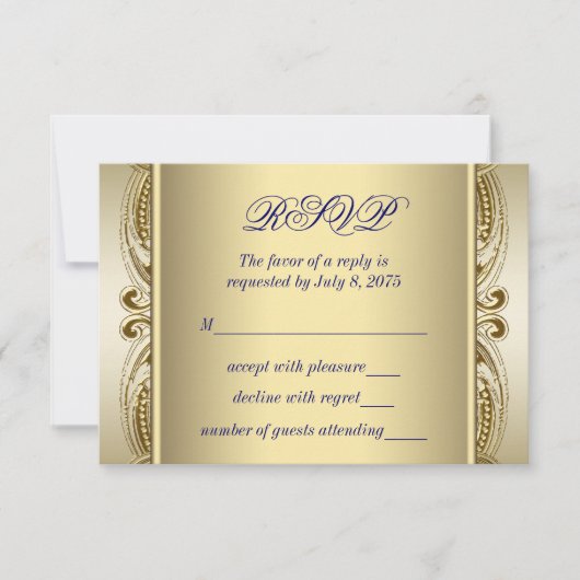 ロイヤルブルーとゴールドの結婚式RSVP 出欠カード (正面)
