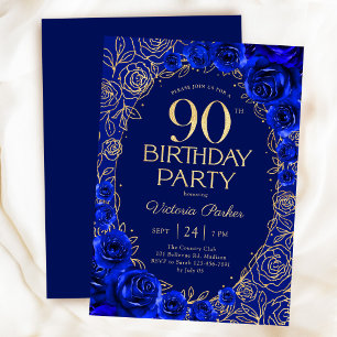 ロイヤルブルーとゴールドの花柄でエレガントな90歳の誕生日 招待状