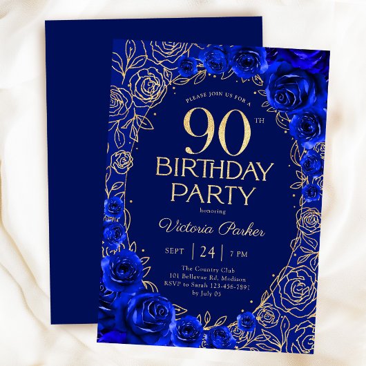 ロイヤルブルーとゴールドの花柄でエレガントな90歳の誕生日 招待状