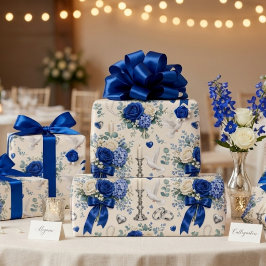 ロイヤルブルーとゴールドの花柄の鳩の結婚式ギフトラッピング ラッピングペーパー