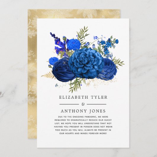 ロイヤルブルーとゴールドの花柄 縮小された結婚式のゲスト 案内状 (正面/裏面)