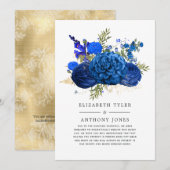 ロイヤルブルーとゴールドの花柄 縮小結婚式ゲスト 案内状 (正面/裏面)