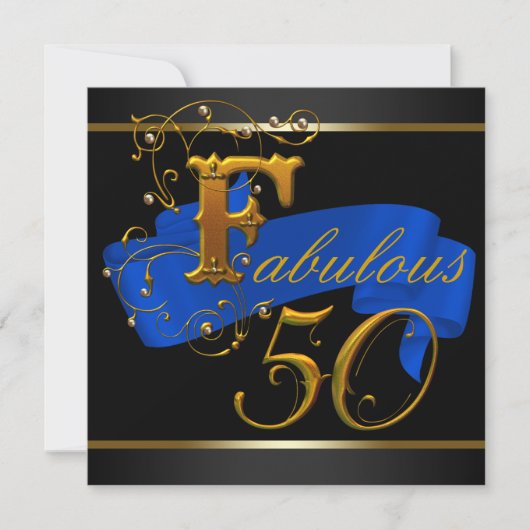 ロイヤルブルーとゴールドの華やかな50歳の誕生日パーティー 招待状 (正面)