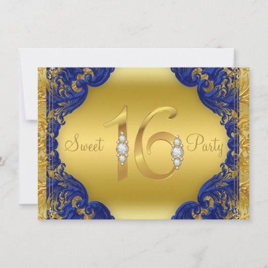 ロイヤルブルーとゴールドの華やかなSweet 16 誕生日パーティー 招待状 (正面)