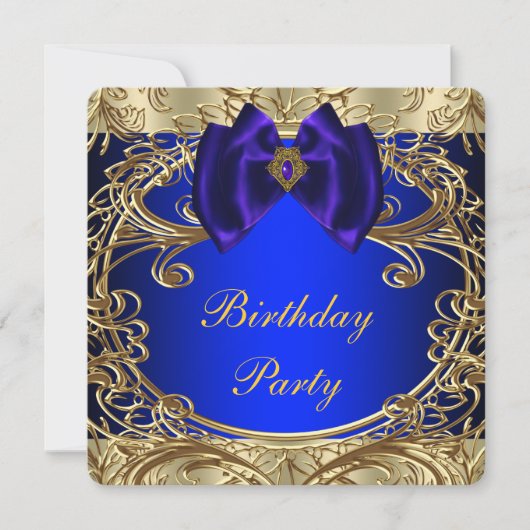 ロイヤルブルーとゴールドの誕生日パーティー 招待状 (正面)