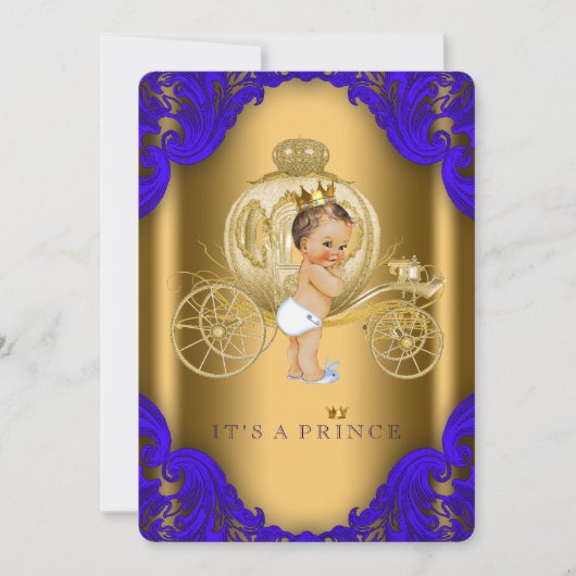 ロイヤルブルーとゴールドの馬車 プリンスベビーシャワー 招待状 (正面)