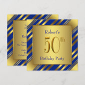ロイヤルブルーとゴールドの50歳の誕生日パーティー 招待状 (正面/裏面)