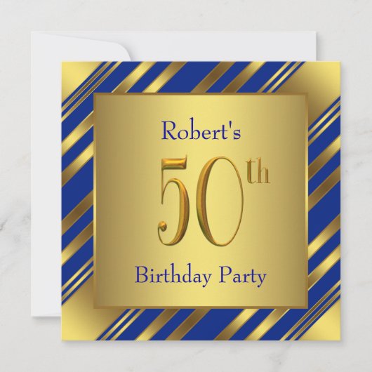 ロイヤルブルーとゴールドの50歳の誕生日パーティー 招待状 (正面)