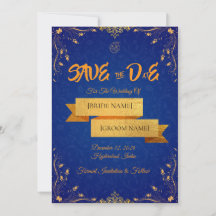 ロイヤルブルーとゴールドの「Save the Date」カード