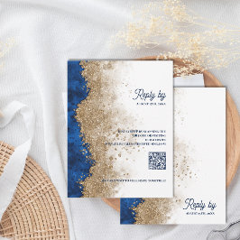 ロイヤルブルーとゴールドのQRコード付き結婚式RSVP 出欠カード