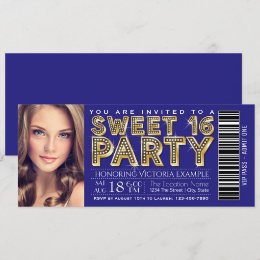 ロイヤルブルーとゴールドのSweet 16チケット 招待状 (正面/裏面)
