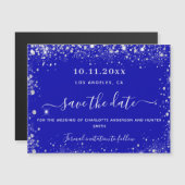 ロイヤルブルーとシルバーのウェディング・セーブ・ザ・デート・マグネット (正面/裏面)