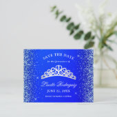 ロイヤルブルーとシルバーのキンセアニェラ・セーブ・ザ・デート ポストカード (スタンド正面)