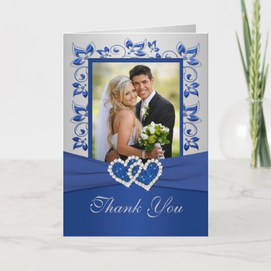 ロイヤルブルーとシルバーの写真付き感謝カード サンキューカード (正面)