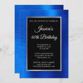 ロイヤルブルーとシルバーフォイル ブラック 40歳の誕生日 招待状 (正面/裏面)