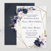 ロイヤルブルーとバラ色の結婚式招待状テンプレート 招待状 (正面/裏面)