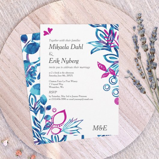 ロイヤルブルーとピンクの花の結婚式 招待状