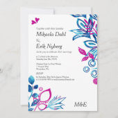 ロイヤルブルーとピンクの花の結婚式 招待状 (正面)