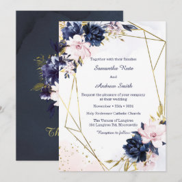 ロイヤルブルーとブッシュの結婚式テンプレート 招待状
