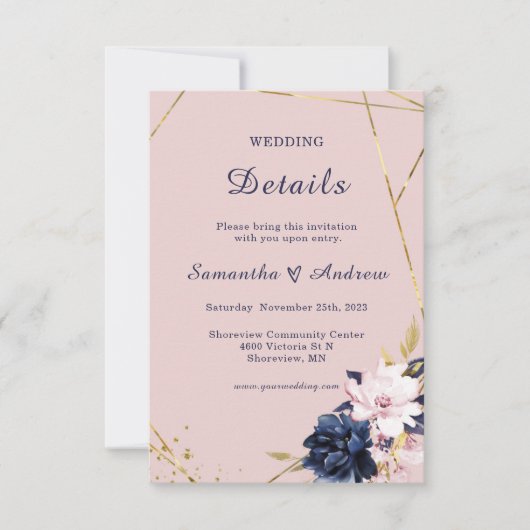 ロイヤルブルーとブッシュの結婚式詳細テンプレート 招待状 (正面)