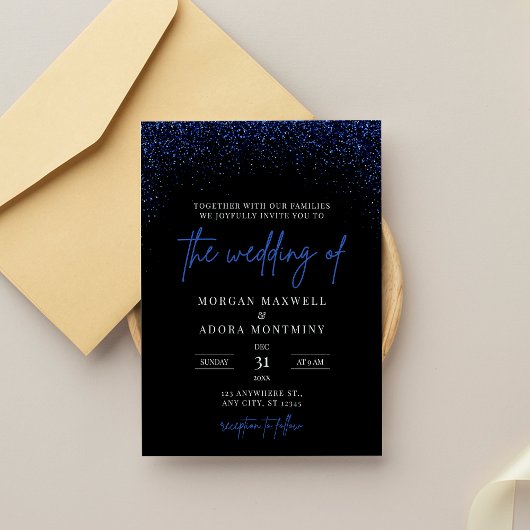 ロイヤルブルーとブラックグリッターのウェディング 招待状
