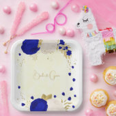 ロイヤルブルーと白い花 ゴールド ペーパープレート (パーティー)