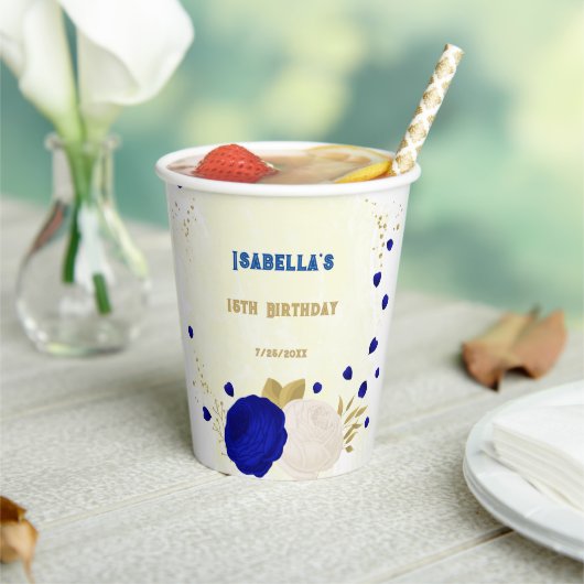 ロイヤルブルーと白の花に金の葉 紙コップ (インサイチュ)