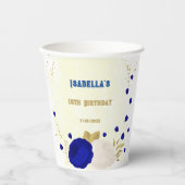 ロイヤルブルーと白の花に金の葉 紙コップ (正面)