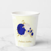ロイヤルブルーと白の花に金の装飾 紙コップ (正面)