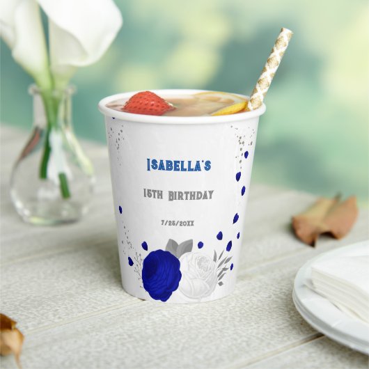 ロイヤルブルーと白の花 シルバー 紙コップ (インサイチュ)