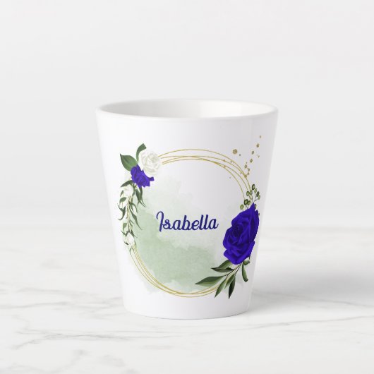 ロイヤルブルーと白の花 緑の葉 カフェラテマグ (正面)