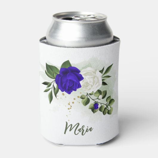 ロイヤルブルーと白の花 緑の葉 缶クーラー (缶正面)