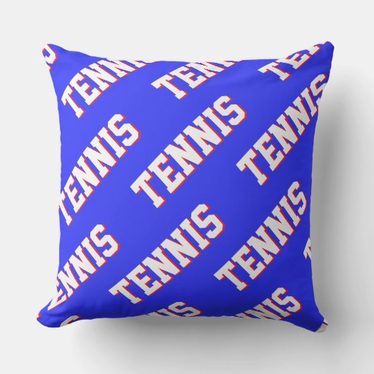 ロイヤルブルーにスポーティなレトロホワイト&レッドのTENNISテキ クッション (正面)