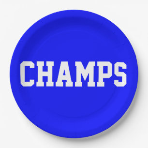 ロイヤルブルーに白抜きCHAMPSのスポーツ風デザイン ペーパープレート
