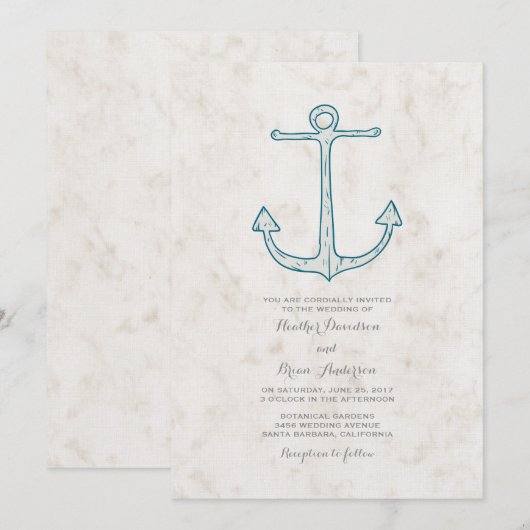ロイヤルブルーのアンカー結婚式招待状（ラスティックスタイル） 招待状 (正面/裏面)