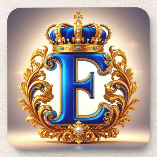 ロイヤルブルーのイニシャル「E」モノグラム コースター (正面)
