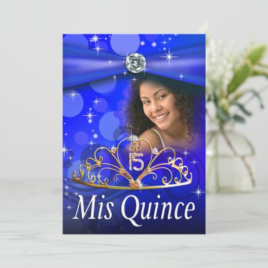 ロイヤルブルーのキンセアニェラ15のプリンセスのティアラの写真 招待状 (スタンド正面)