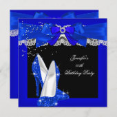 ロイヤルブルーのグリッター ハイ ヒール シューズ 誕生日パーティー 招待状 (正面/裏面)