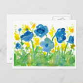 ロイヤルブルーのケシの黄色い野生の花の水彩画 ポストカード (正面/裏面)