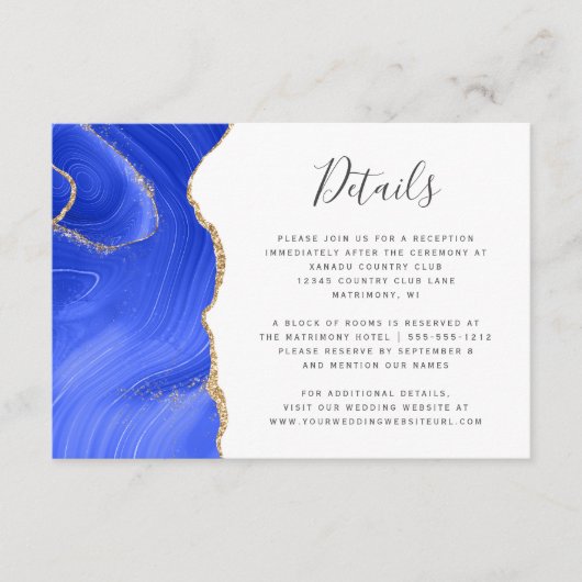 ロイヤルブルーのゴールドウォーターカラーアゲートのウェディングディテール エンクロージャーカード (正面)