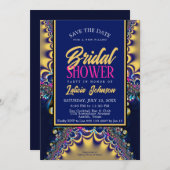 ロイヤルブルーのサテンゴールドレースのプリンセスシャワー 招待状 (正面/裏面)