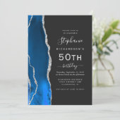 ロイヤルブルーのシルバーアゲートQRコード50歳の誕生日 招待状 (スタンド正面)